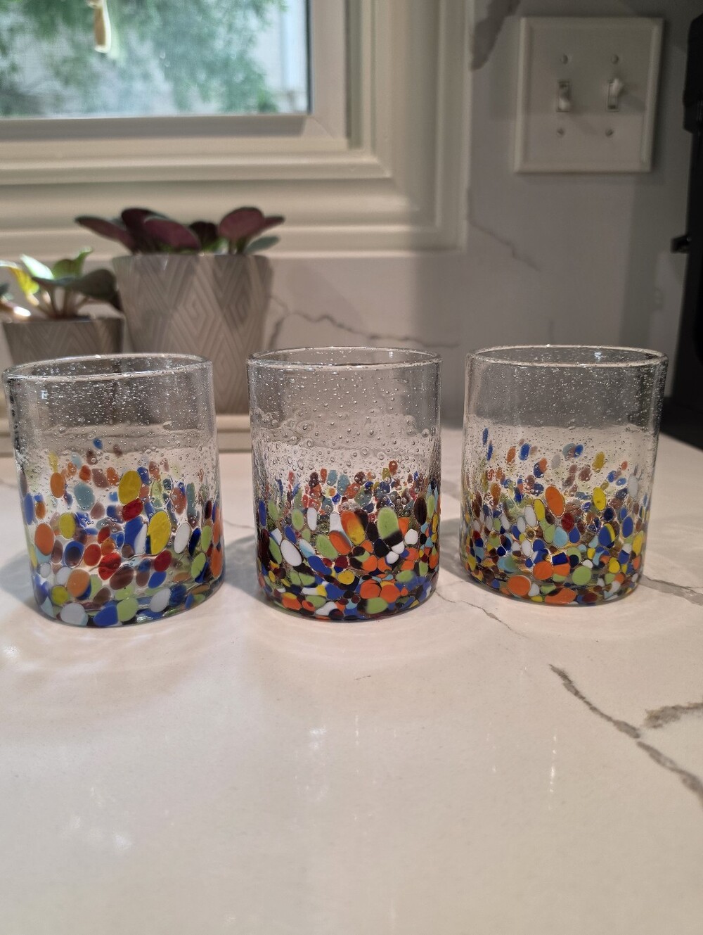 Set of 3 Hand Blown Art Glass Tumblers Multicolor Confetti Bubble Glass